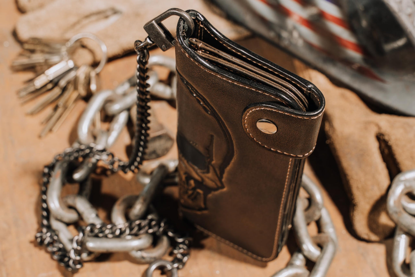 House of Jack Co. Skull Biker Wallet for Men, Long Motorcycle Wallet with Grommet & Snap Closure, Full-Grain Cowhide Leather, Vintage Black (Chain Not Included)