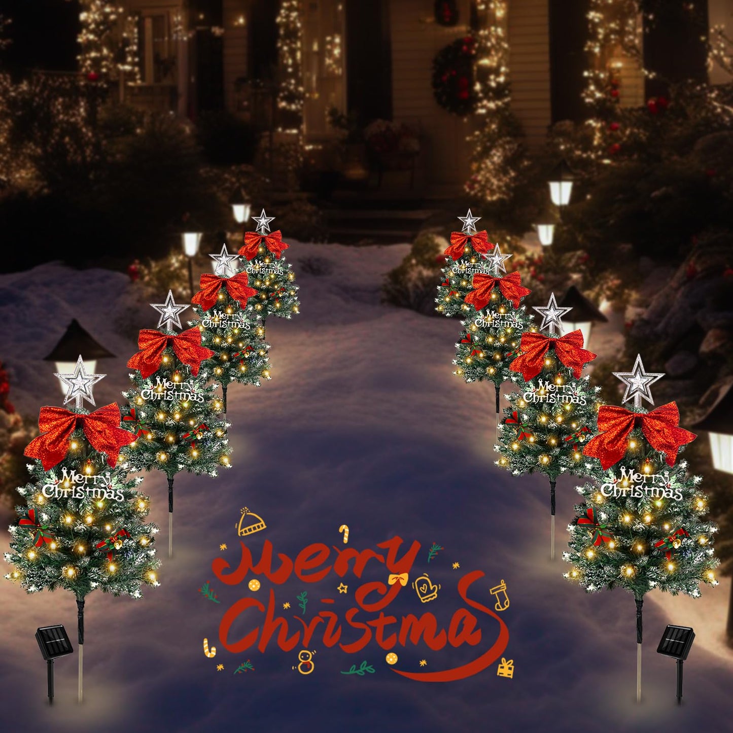 TAILERRI Christmas Tree Solar Pathway Lights, Waterproof Outdoor Decorations, Mini Xmas Tree Stake Lights with DIY Ornaments for Garden, Yard, Porch (Snowy Tree, 4 Pack)