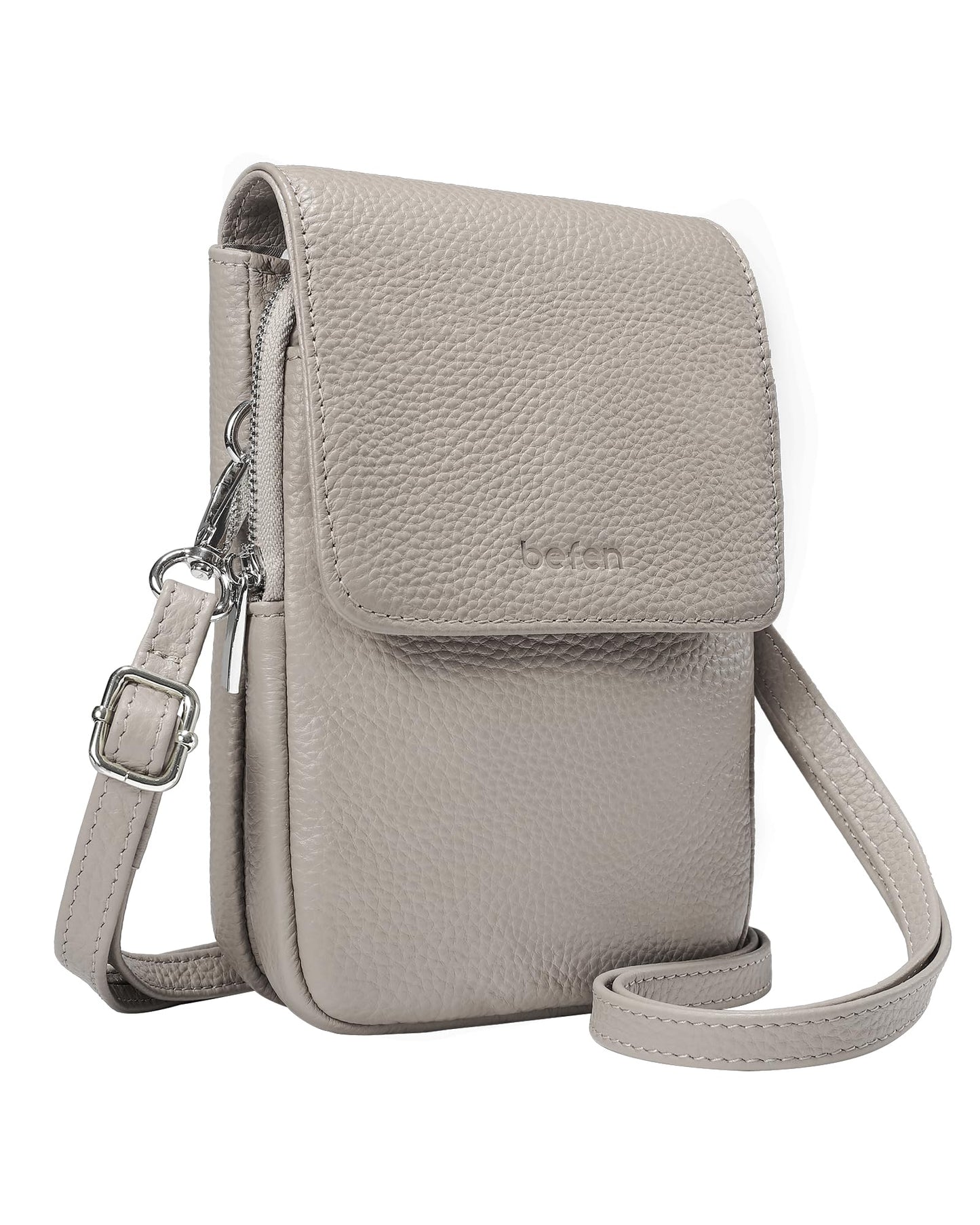 befen Real Leather Small Cell Phone Crossbody Bags for Women, Women's Shoulder Purse Handbags with RFID Blocking Wallet Beige Grey