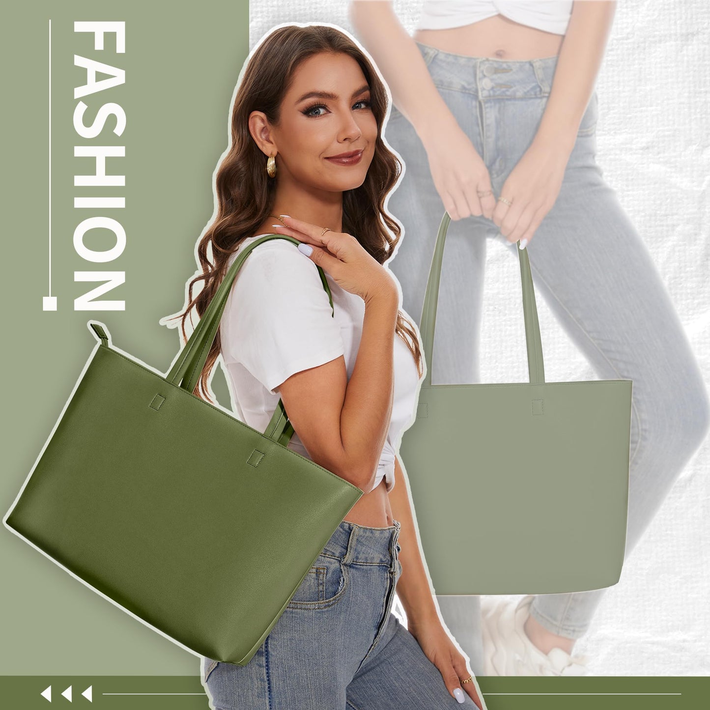 KALIDI Tote Bag Zipper Shoulder Bag Faux Leather Purses for Women Casual Handbag Work Dating College, Green
