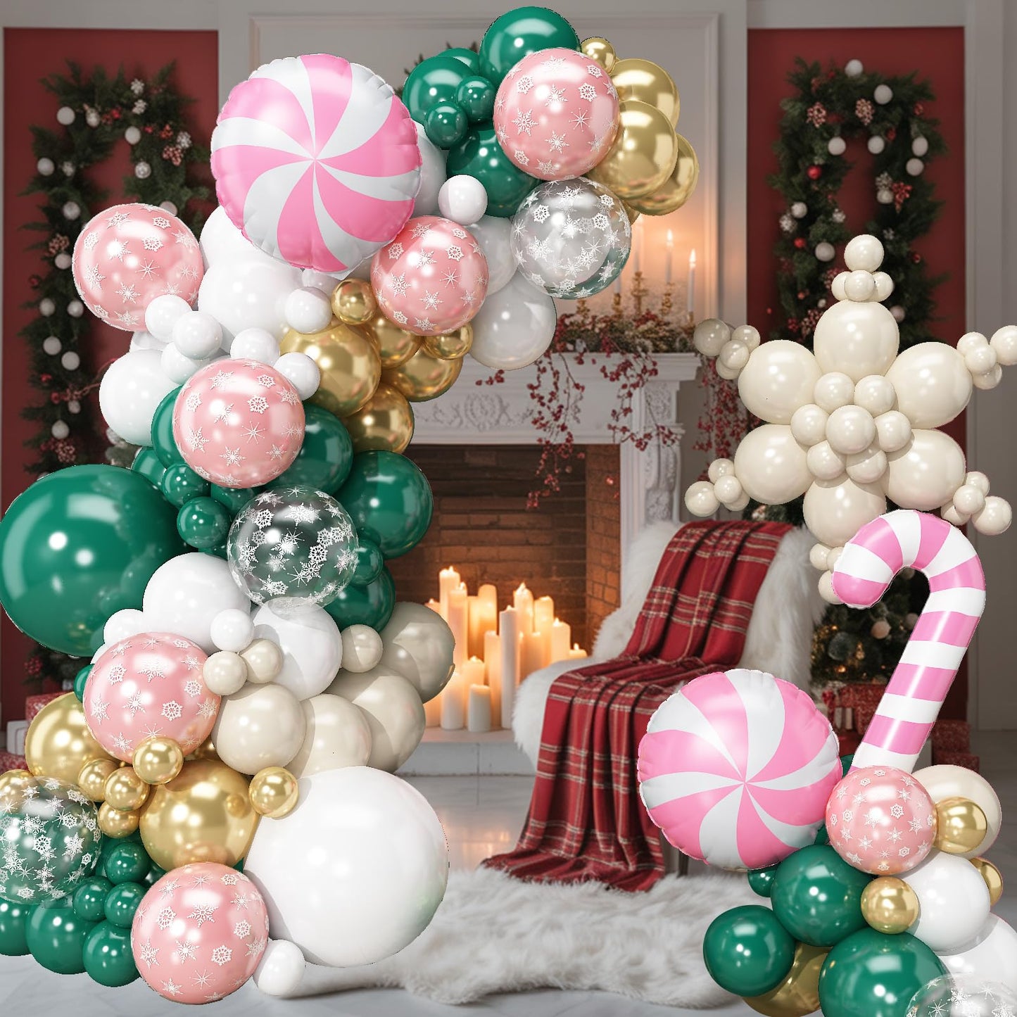 Froova Christmas Decorations Balloons Arch Kit 114Pcs Green White Apricot Transparent Snowflake Balloons Garland, Gingerbread Man Candy Cane Windmill Foil Balloon for Winter Holiday Xmas Supplies