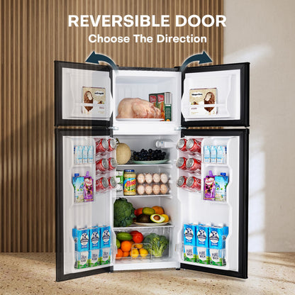 Upstreman 4.0 Cu.Ft. Mini Fridge with Freezer, Dorm Essentials, Double Door Small Refrigerator for Office, Dorm, Bedroom, Adjustable Thermostat, Large Capacity, Black-BR401