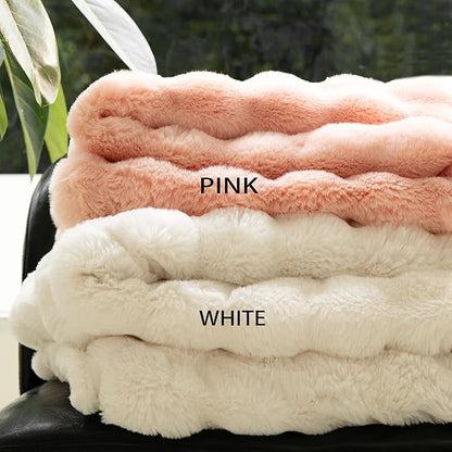Luxury Faux Fur Throw Blanket 3D Bubble for Couch - Fluffy Blanket Double-Sided Non-Shedding, 50x60 Inches, Fits Bed/Car/Camping/Patio, Gift for Women,Room Decor,White