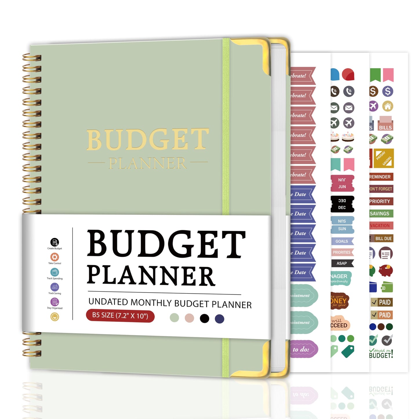 Budget Planner - Monthly Budget Book B5, Undated 12 Month Expense Tracker Notebook with Metal Corner Protectors & Bill Organizer, Hard Cover Financial Account Book for Women Men Home Business, Green