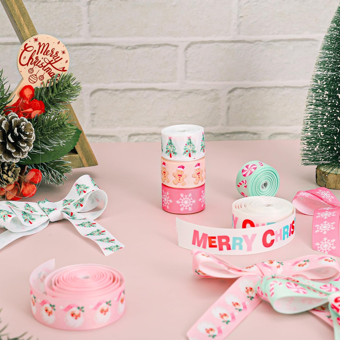 JarThenaAMCS 6 Rolls Christmas Grosgrain Ribbon 7/8" Pastel Pink Green Xmas Tree Candy Snowflake Santa Gingerbread Man Fabric Craft Ribbons for Bow Gift Wrap Holiday Birthday Party Decor, 30 Yards