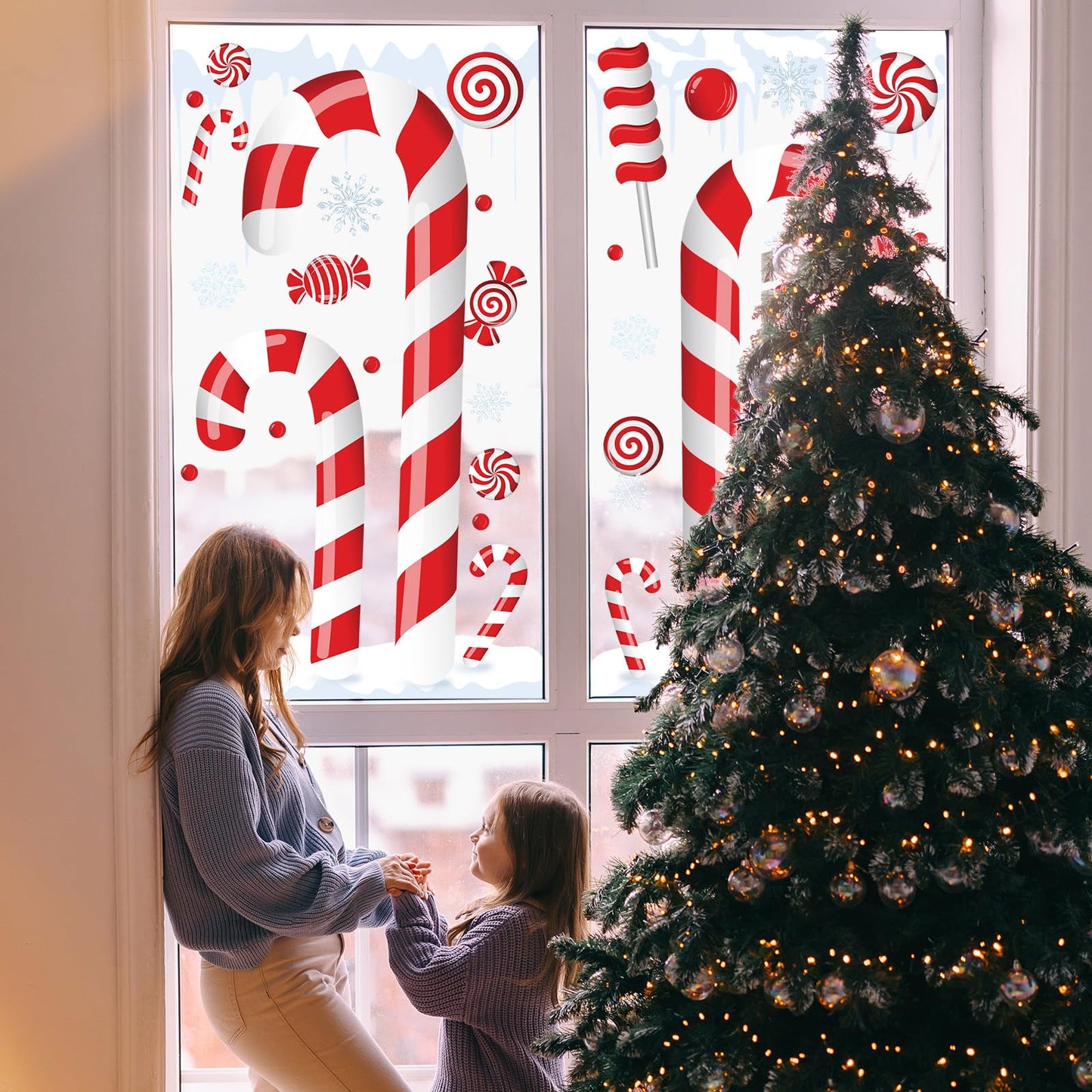 Solsew 3 Sheet 35.4 x 11.4 Inch Extra Large Christmas Candy Cane Window Clings with Snowflake and Ice Stereo Candy Snowflakes Christmas Window Stickers for Xmas Home Office Decor Winter Decoration