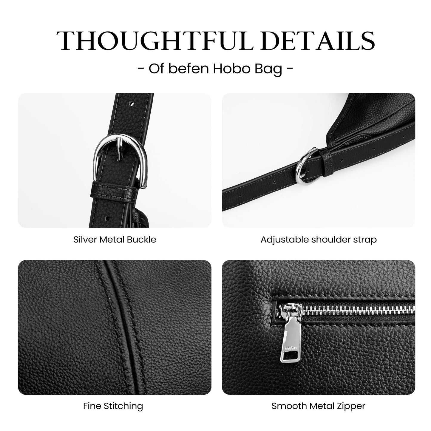 befen Genuine Leather Hobo Bags for Women, Soft Real Leather Women's Shoulder Bag Handbags, Leather Shoulder Hobo Purse Designer Bags with Adjustable Strap for Daily Work Travel Fall Fashion, Black