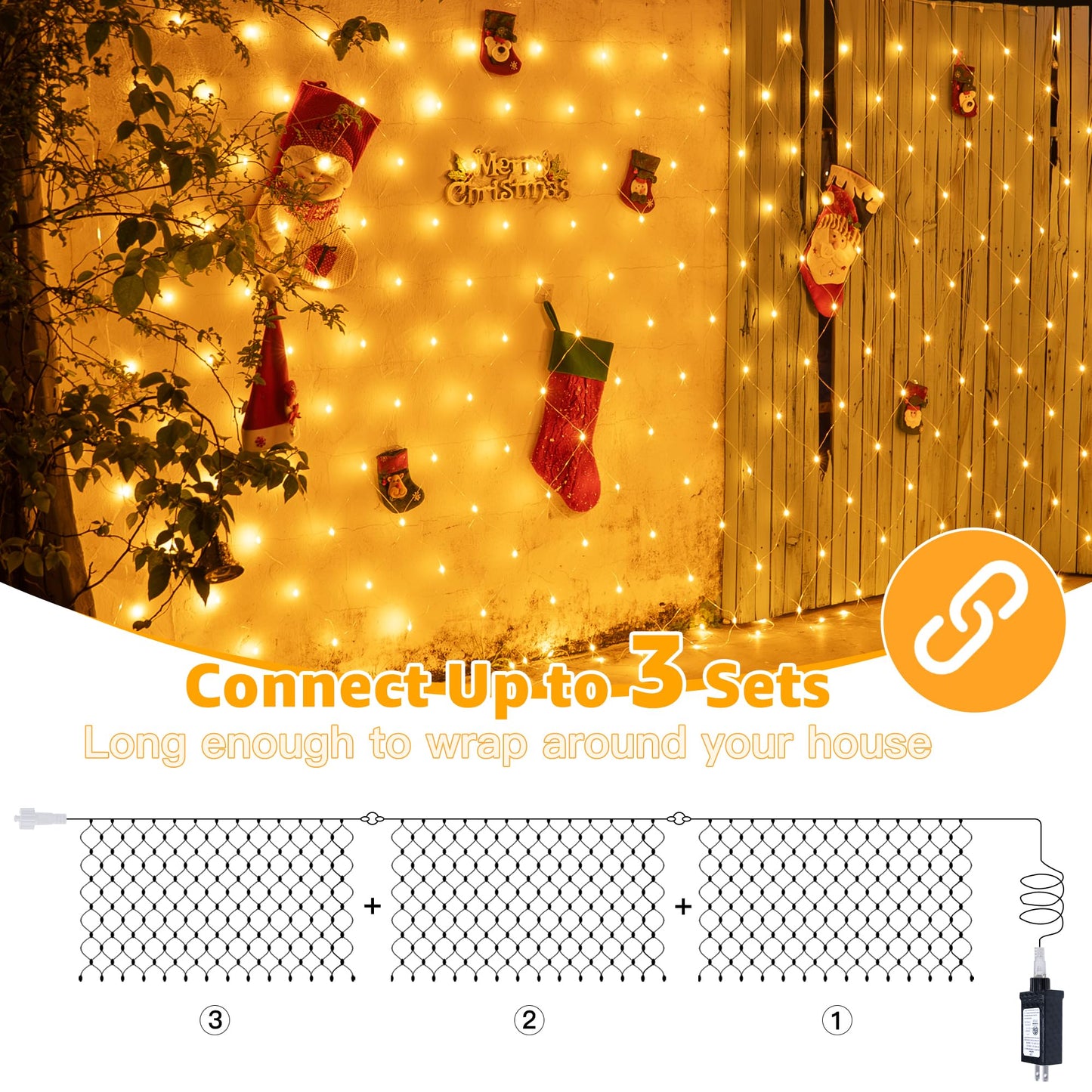 Ollny Net Lights Outdoor Mesh Light 10x7ft, 210LED Clear Wire Connectable Christmas Net Lights with 8 Modes, IP67 Waterproof Bush Light for Tree Wall Ceiling Outside Decorations, Warm White