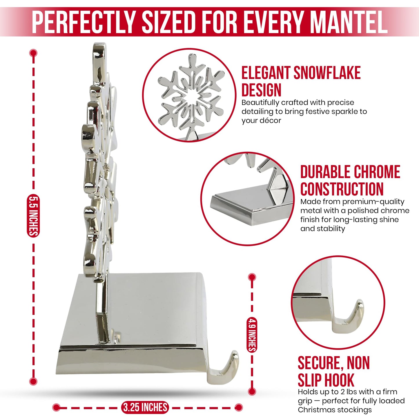 Iconikal 4-Pack Stocking Holders Christmas Chrome Metal Snowflake Weighted for Mantle, Holiday Fireplace Hangers