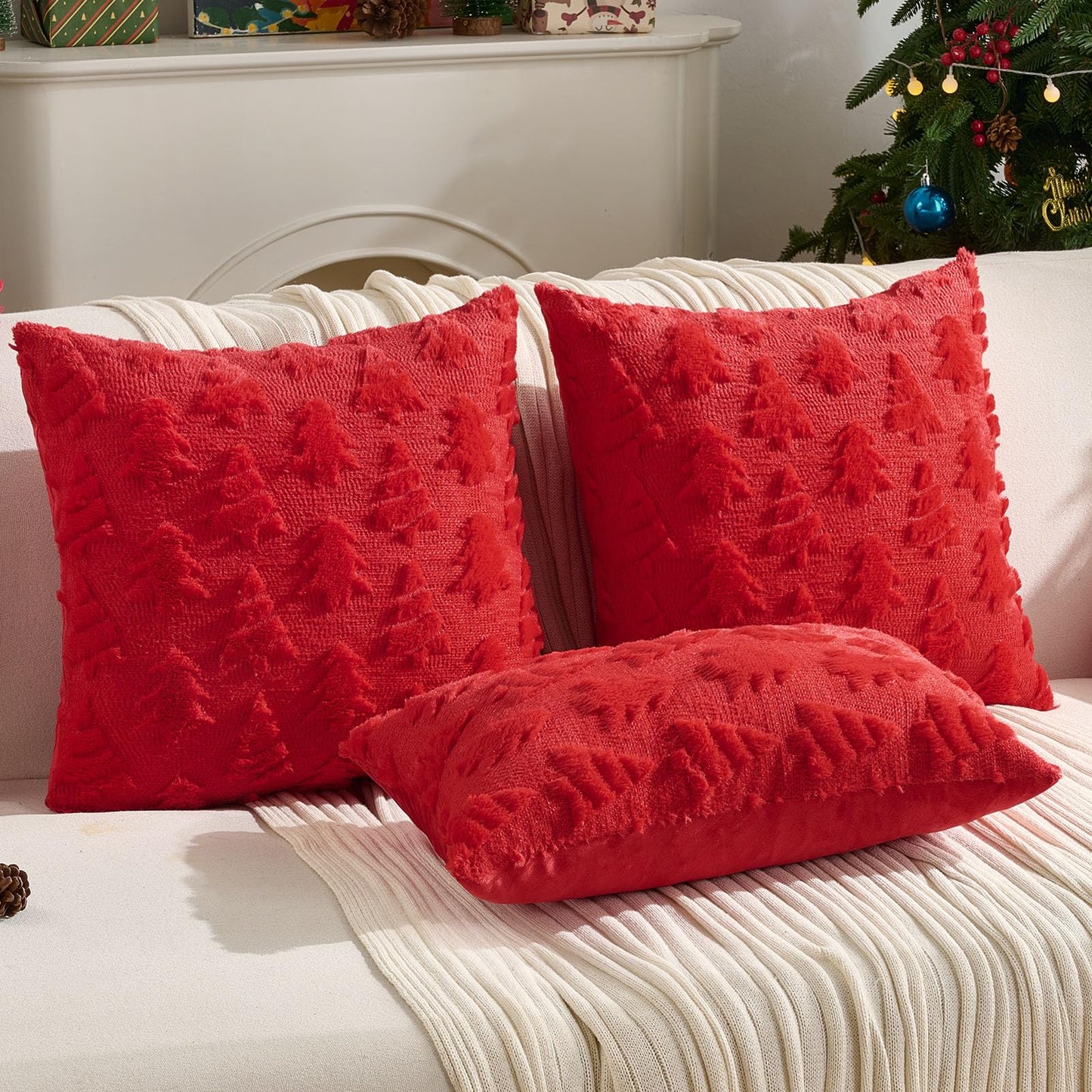 FUTEI Christmas Tree Pillow Covers 18x18 Set of 2, Red Xmas Decorations Soft Fluffy Winter Lumbar Pillow Covers for Couch Sofa Bedroom Holiday Festivals Home Decor