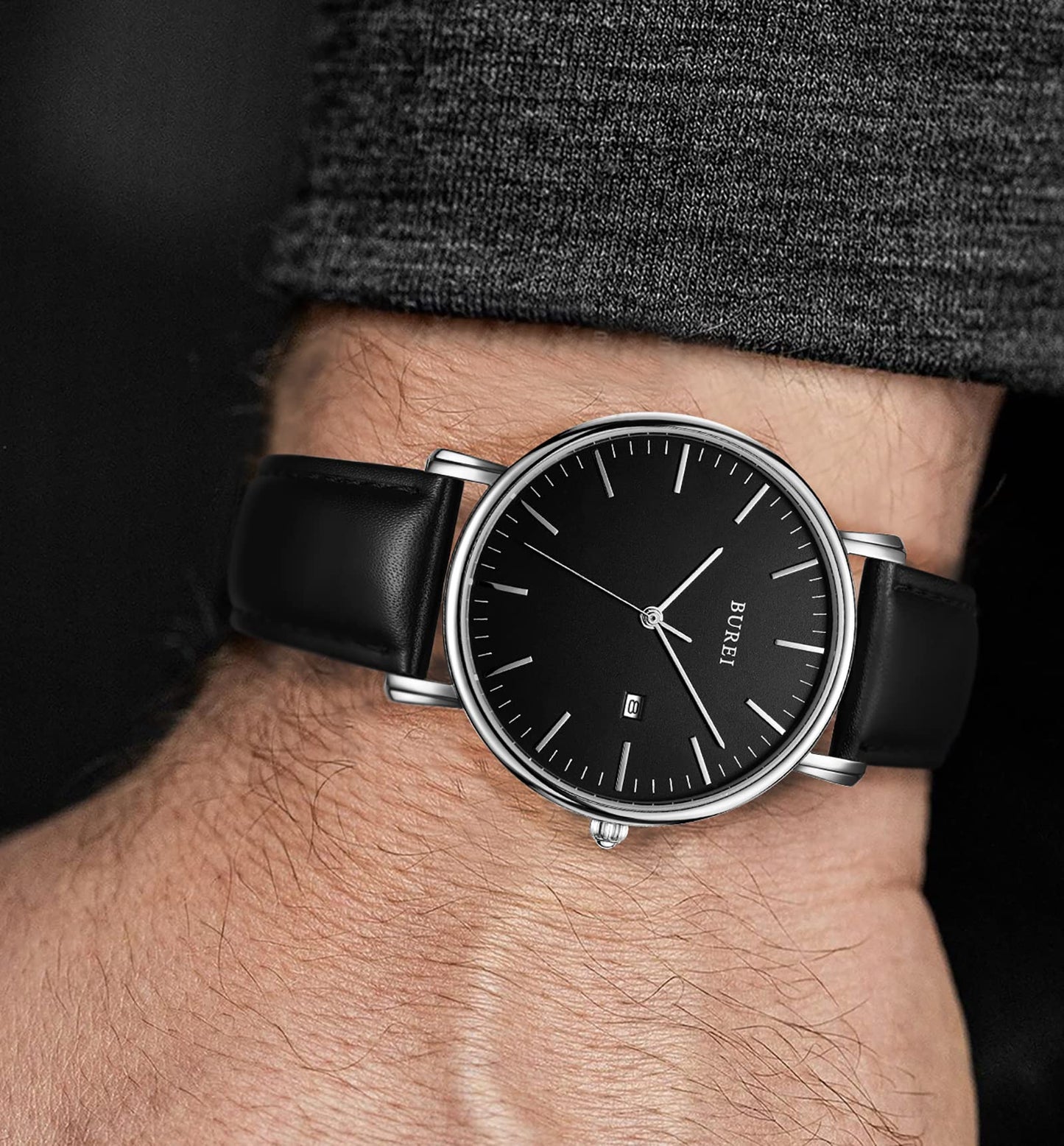 BUREI Ultra Thin Minimalist Men Leather Watch, 3ATM Waterproof Business Casual Wrist Watch, Gift for Father