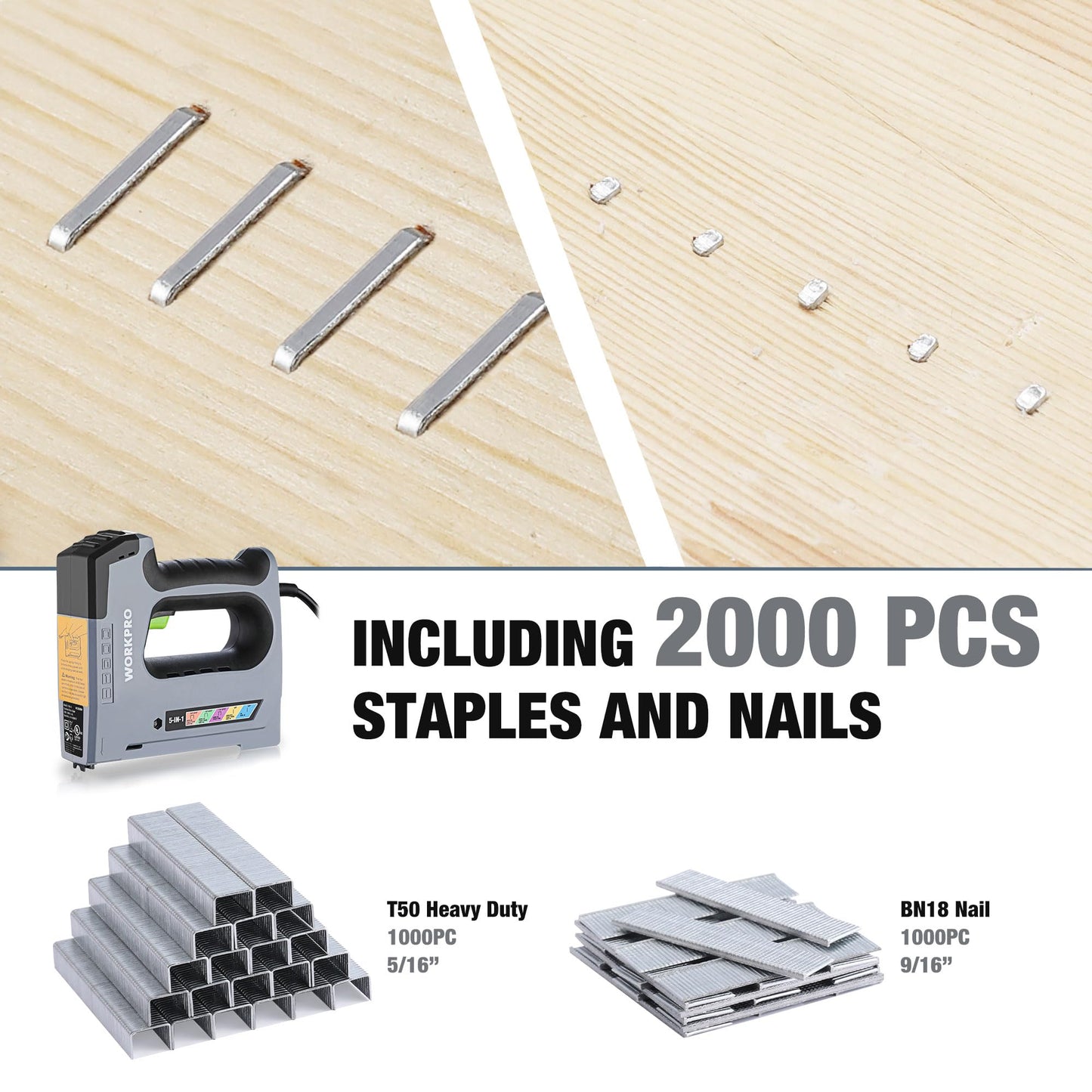 WORKPRO 5 in 1 Staple Gun,110V Corded Brad Nailer with 2000 Staples and Nails, Electric Staple Gun for DIY Project of Woodworking
