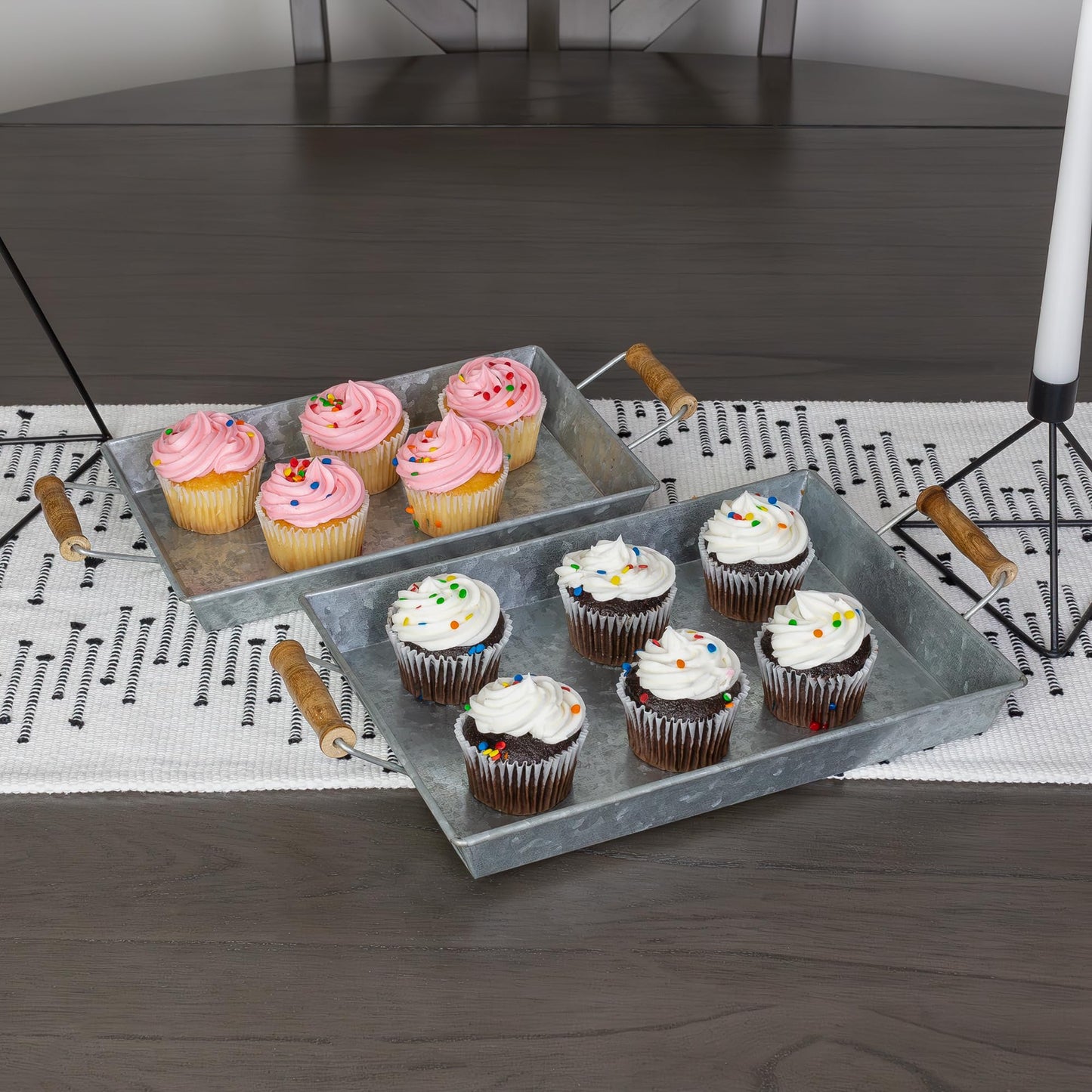 AuldHome Design Galvanized Farmhouse Trays (Set of 2, Small & Medium); Farmhouse Decor Rectangular Trays w/Handles