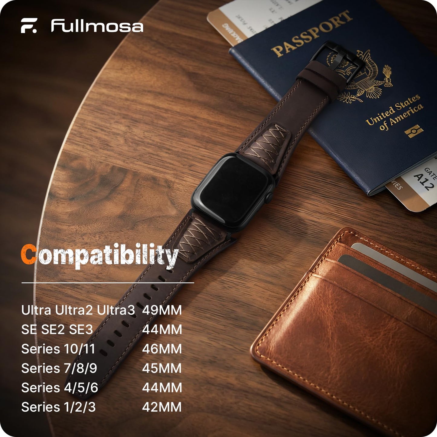Fullmosa Leather Band Compatible with Apple Watch Ultra 3/2/1 Band 49mm 46mm 45mm 44mm 42mm Men, Top Grain Leather Replacement Strap for iWatch series 11 10 9 8 7 6 5 4 3 2 1, SE 3 2 1,Coffee Brown+Black