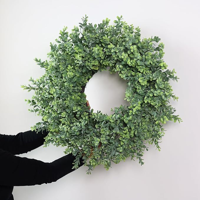 26'' Large Boxwood Wreath for Front Door, Porch, Window- Artificial Boxwood Leaves Greenery Outdoor Wreath for Home, Farmhouse Wall Decor- Spring, Summer, Fall, All Seasons (Green)