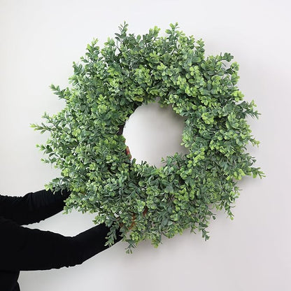 26'' Large Boxwood Wreath for Front Door, Porch, Window- Artificial Boxwood Leaves Greenery Outdoor Wreath for Home, Farmhouse Wall Decor- Spring, Summer, Fall, All Seasons (Green)