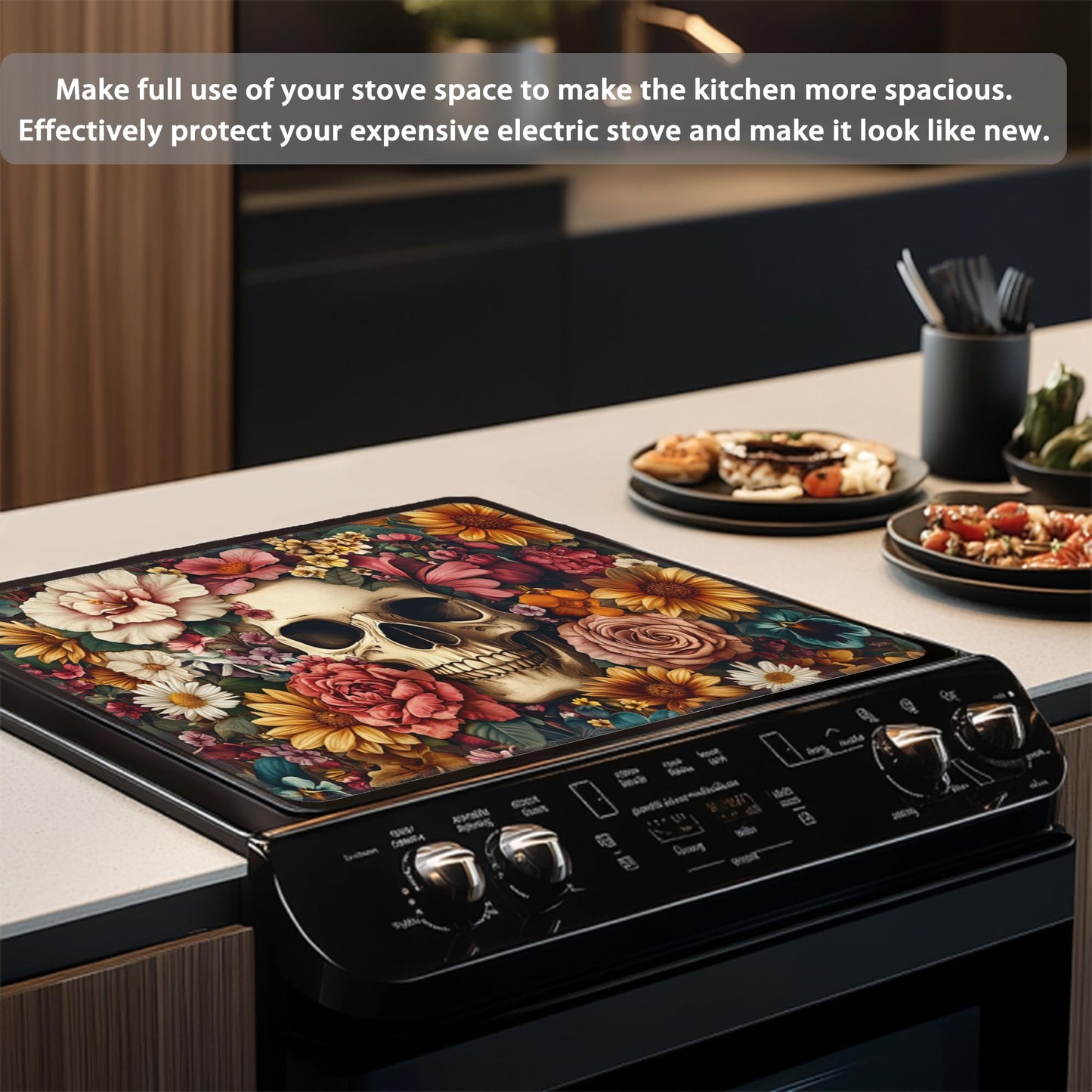 Decorative Electric Stove Cover - Gothic Skull Flower Design, Non-Slip Heat Resistant Protector for Smooth/Glass Top Stoves, Fits 28.5'' x 20.5'' (Not for Gas or Coil)