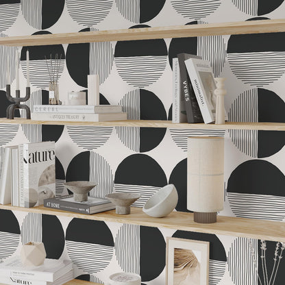 VEELIKE Abstract Circle Geometric Peel and Stick Wallpaper Modern Black Mid Century Wallpaper for Bedroom 17.7''x118'' Self Adhesive Geometric Wall Paper Removable Contact Paper for Cabinets Walls