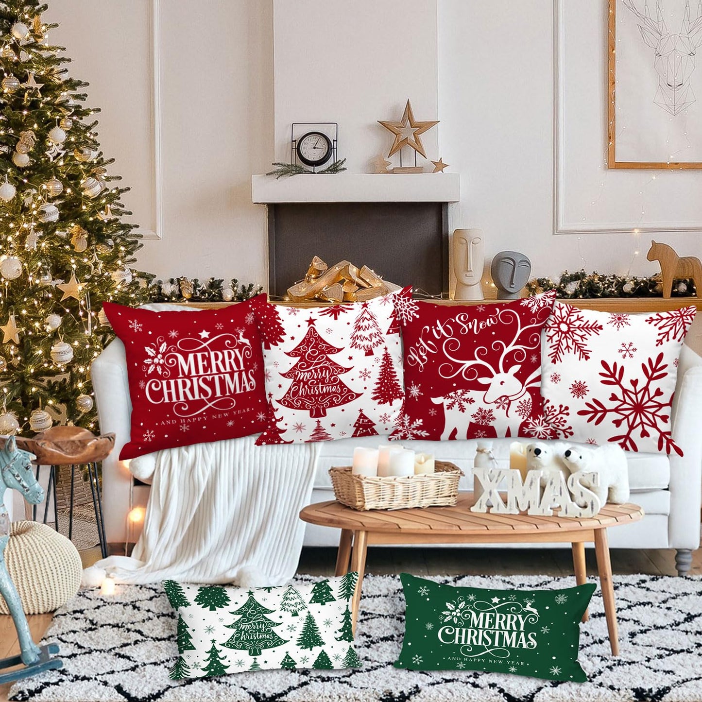 Lanpn White and Red 18x18 Christmas Pillow Covers Set of 4, Decorative 18 Inch Winter Snowflake Throw Pillow Case Xmas Cushion Cover for Indoor House Sofa Red