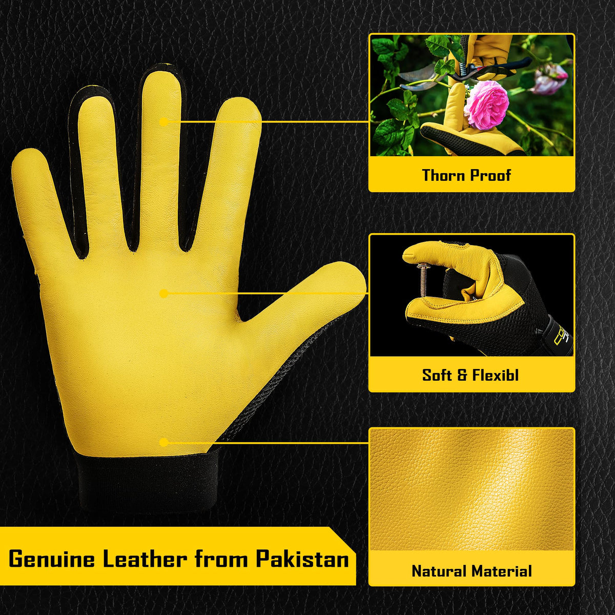 COOLJOB Breathable Mesh Cowhide Leather Work Gloves with Grip, Thorn Resistant Gloves for Gardening Pruning, 1 Pair, S