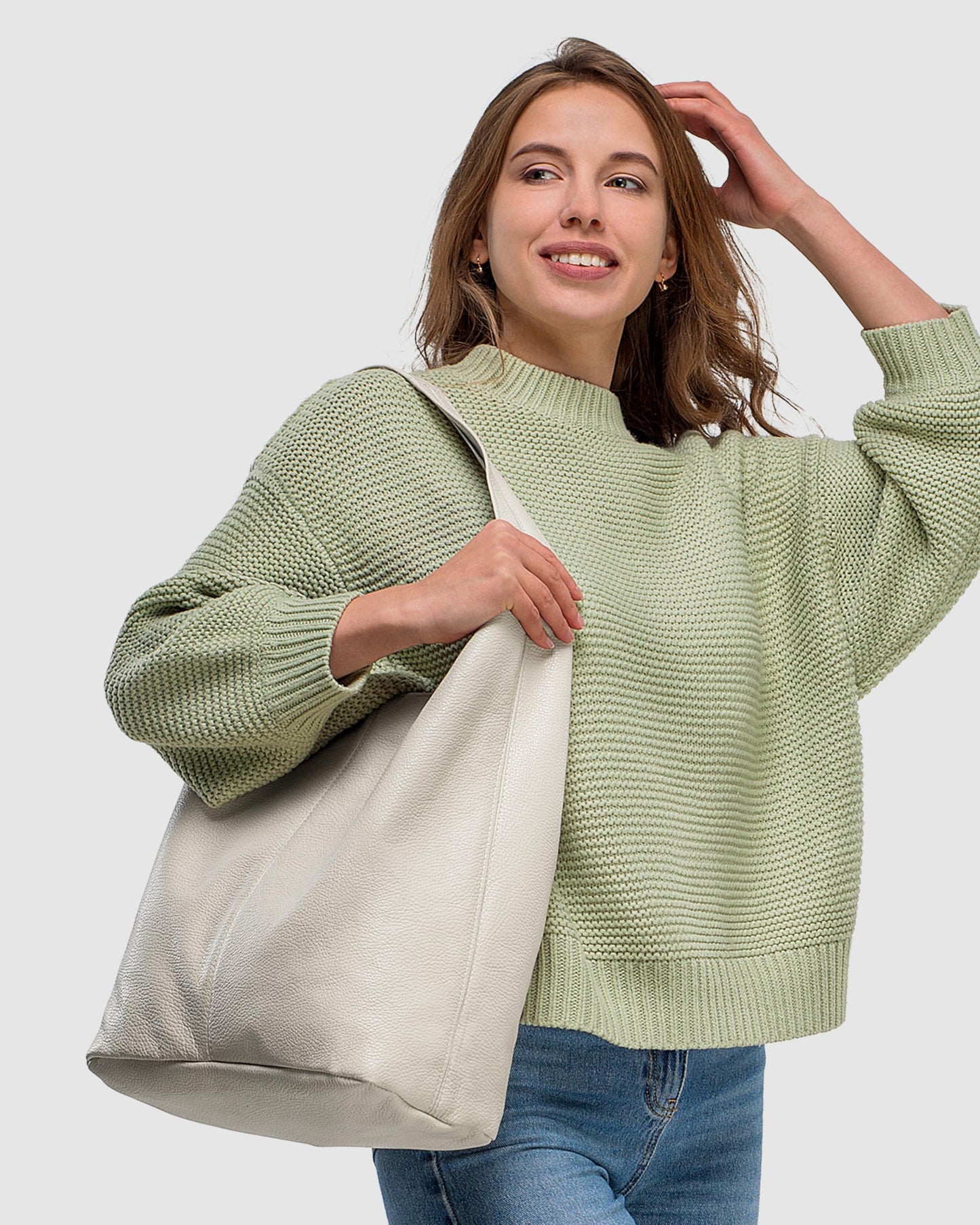 Italian Genuine Leather Hobo Bag for Women with Zipper | Large Soft Slouchy Shoulder Handbag Tote Bucket Purse Pocketbook (Beige)