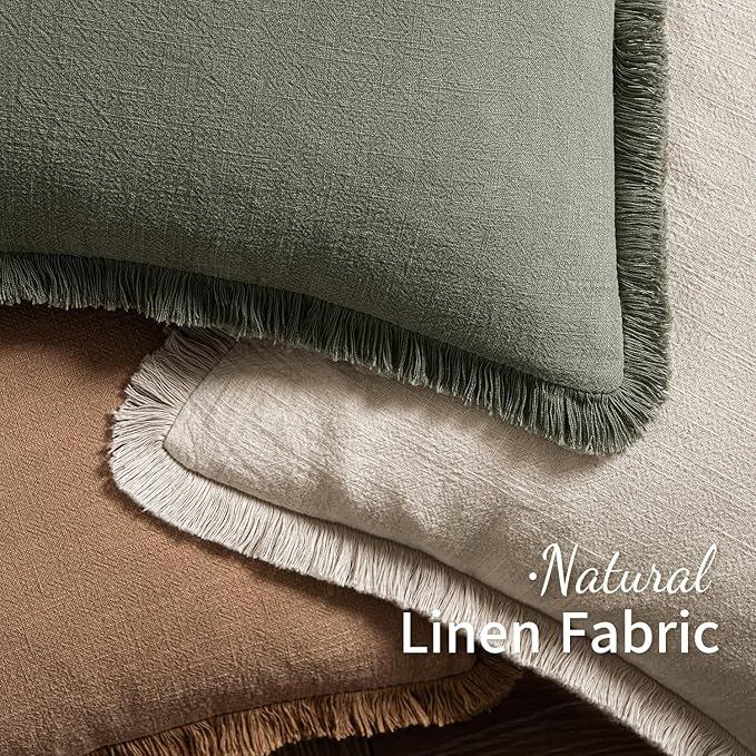 MIULEE Decorative Throw Pillow Covers Neutral Linen Fringe Throw Pillows Euro Shams Set of 2 Brown Boho Farmhouse Cushion Covers for Couch Sofa Bed Living Room Spring Home Decor 26x26 Inch