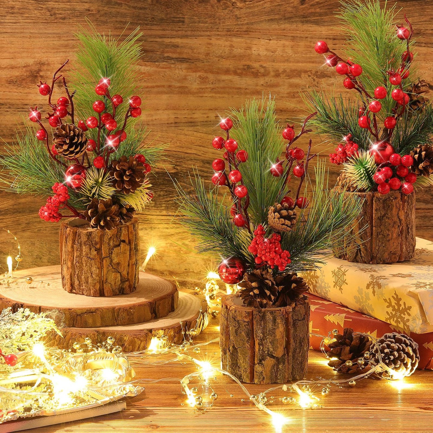 Solsew 3 Pcs 11 Inch Tabletop Christmas Tree Decorations with Christmas Ornaments Pine Cone Berry Bookshelf Decor for Holiday Room Party Winter Home Indoor Outdoor (Classic)