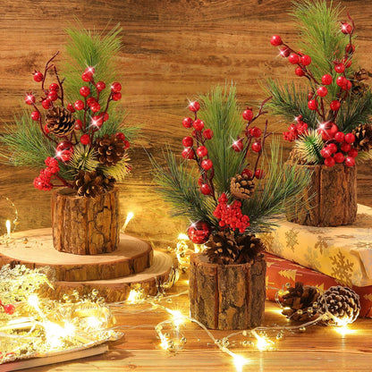 Solsew 3 Pcs 11 Inch Tabletop Christmas Tree Decorations with Christmas Ornaments Pine Cone Berry Bookshelf Decor for Holiday Room Party Winter Home Indoor Outdoor (Classic)