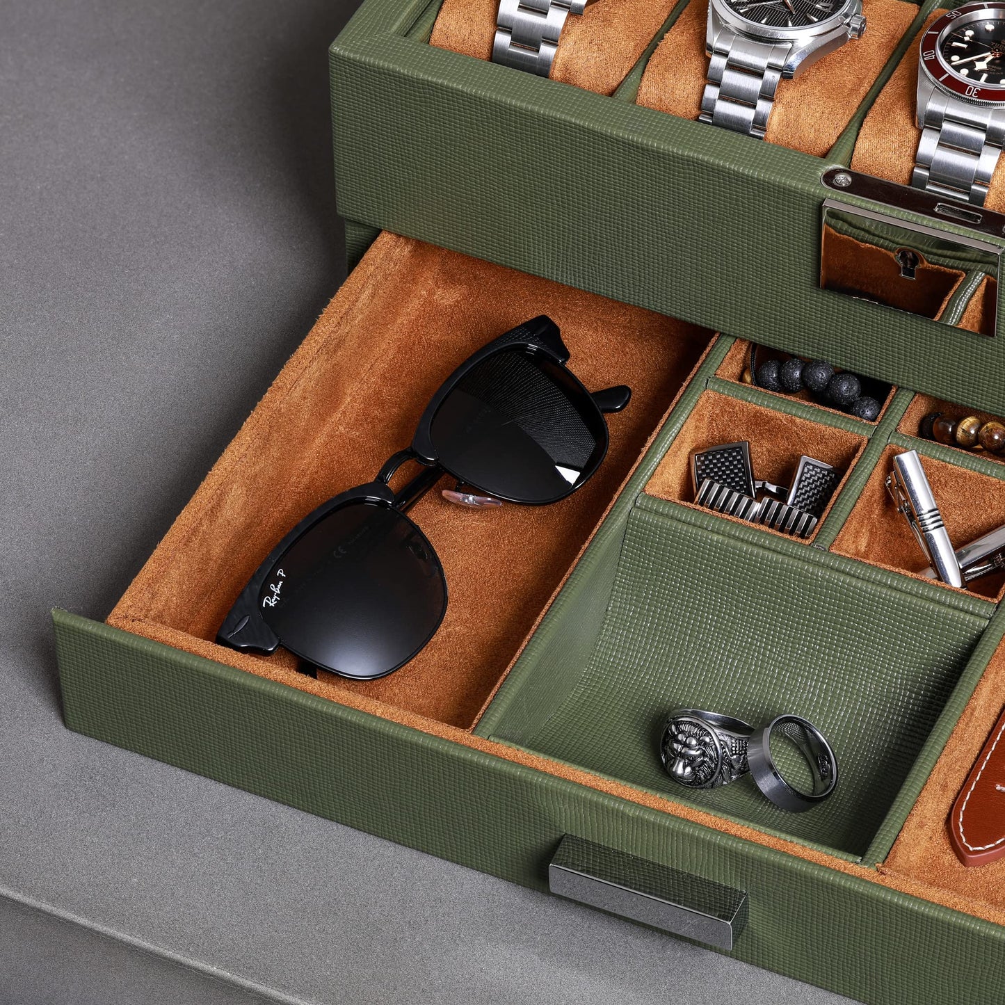 ROTHWELL 10-Slot Watch Box in Leather with Valet Drawer, Luxury Watch Case Display Organizer with Ultra Soft Microsuede Liner, Jewelry and Sunglass Holder With Large Glass top (Green/Tan)