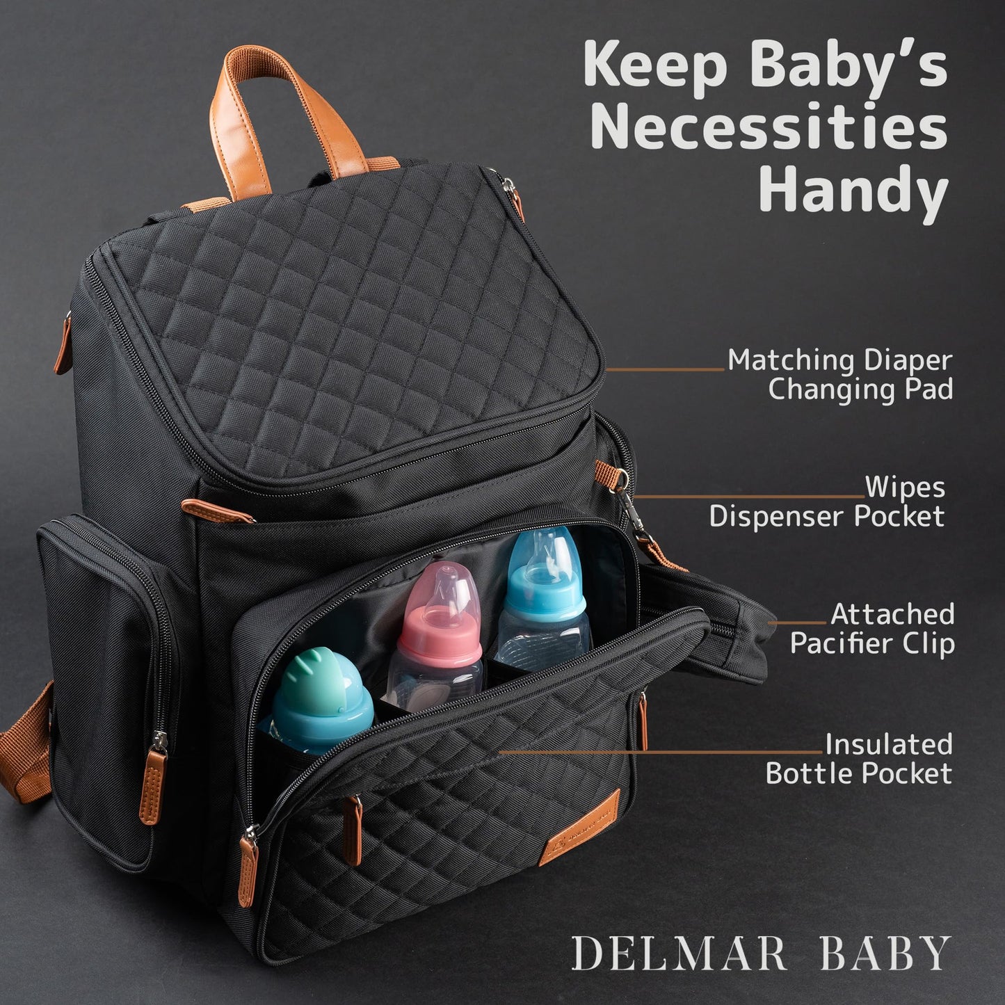 DELMAR BABY Large Diaper Bag Backpack for Mom & Dad | Unisex Baby Travel Bag | 15 Pockets | Changing Pad | Stroller Straps | Stylish & Washable | Newborn Essentials | Black