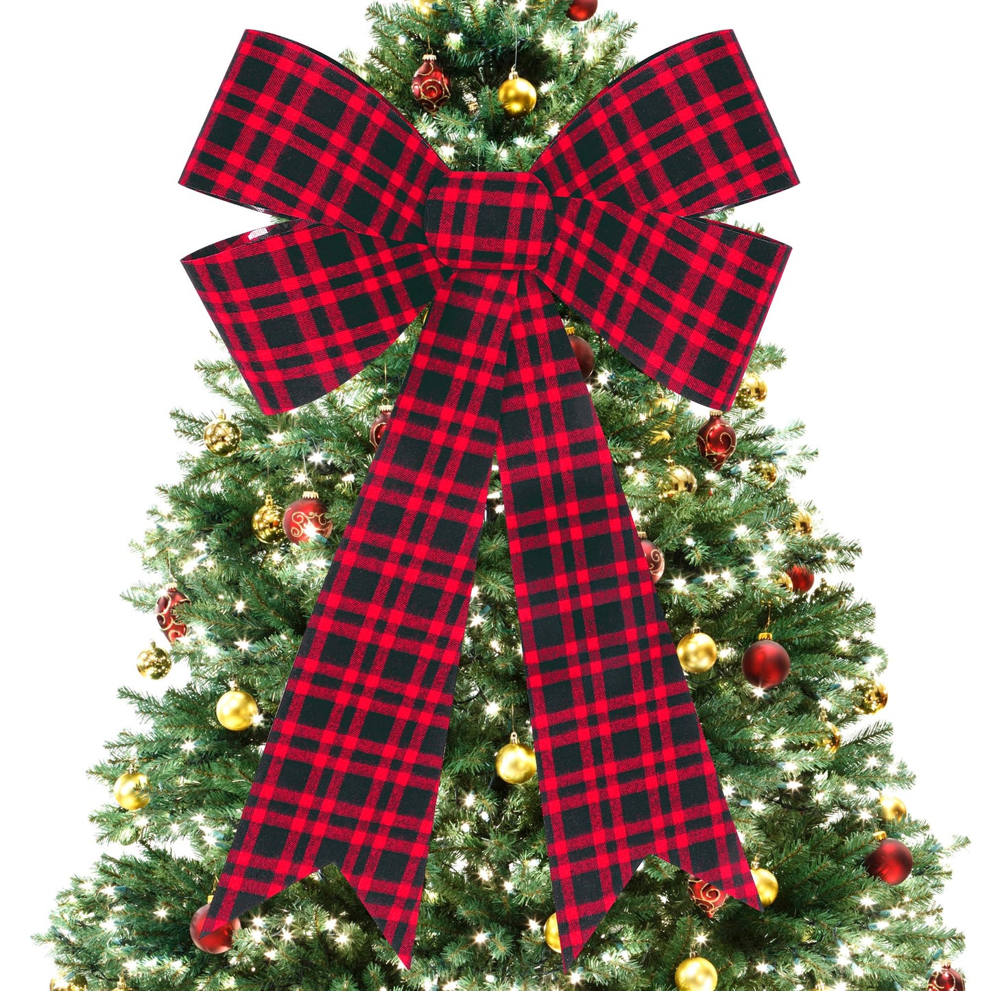 1 PCS Christmas Bows, 16x24 In Large Christmas Tree Bows, Velvet Black Red Xmas Bows for Buffalo Plaid Christmas Tree Decorations Plastic Xmas Home Party Decor Supplies for Fence Railing Stairs Door