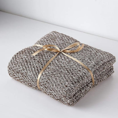 Longhui bedding Coffee Knitted Throw Blanket for Couch, Soft, Cozy Machine Washable 100% Cotton Sofa Knit Blankets, Heavy 3.0lb Weight, 51 x 63 Inches, Coffee and White Color.