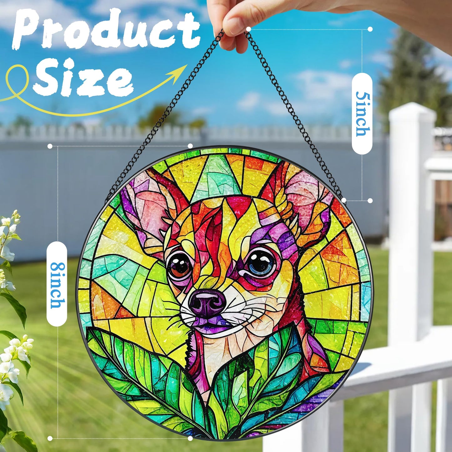 DOUHASU 8″ Stained Glass Window Hanging Ornament, Vibrant Chihuahua Stained Glass Suncatcher Ornament, Sun-Catcher Window Decor | Gifts for Dog Lovers, Dog Lover Gift, Pet Lover Gift