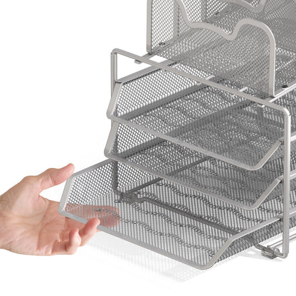 Simple Houseware Desk Organizer with 3 Sliding Tray and 5 Stacking Sections, Silver