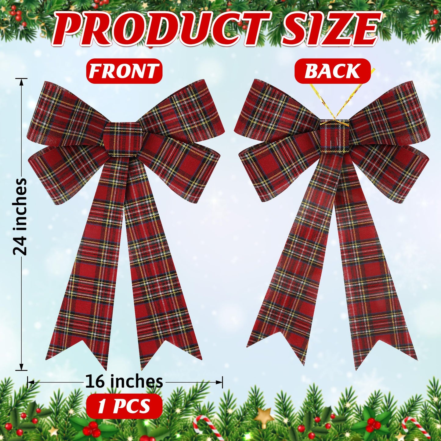 1 PCS Christmas Tree Bows, 9x12 In Large White Black Red Velvet Bows for Christmas Tree, Buffalo Plaid Plastic Big Christmas Bow for Xmas Decorations Wreath Stairs Railing Fireplace Front Door Decor