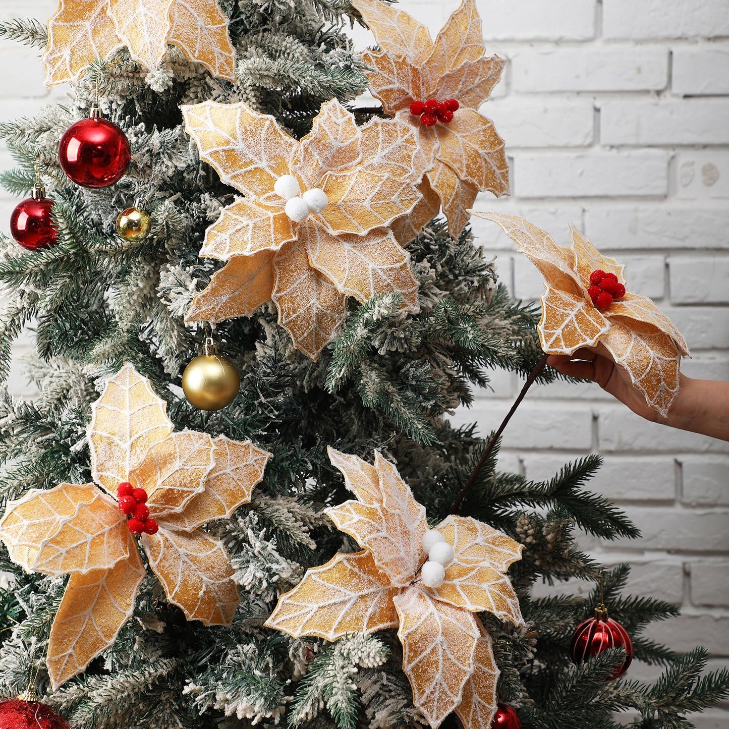 Daifunli 6 Pcs Large Christmas Gingerbread Poinsettia Flowers Tree Picks with Berries 10.6 Inches Christmas Tree Ornaments for Xmas Home Vase Decor(Gold)