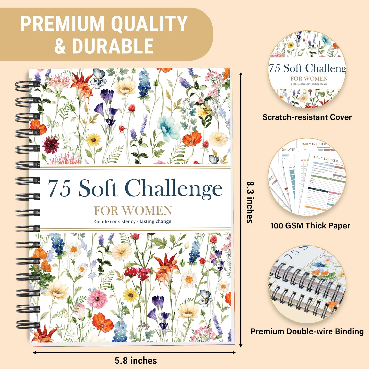 HAMIEW 75 Soft Challenge Journal for Women - A5 Spiral 75-Day Habit Tracker Planner, 108-Page Full-Color Daily Logs, Weekly Reviews, Meal Water Workout Reading Tracker