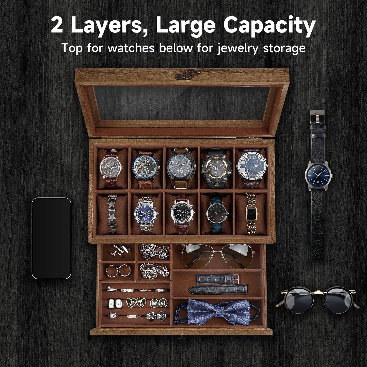 GALHUBIS Watch Box with 10 Slots, 2-Tier Watch Case for Large Dial Watches, Watch Display Case with Lid, Removable Watch Pillows, Gifts for Men Women, Watch Organizer with Drawer, Jewelry Box, Walnut