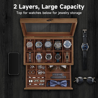 GALHUBIS Watch Box with 10 Slots, 2-Tier Watch Case for Large Dial Watches, Watch Display Case with Lid, Removable Watch Pillows, Gifts for Men Women, Watch Organizer with Drawer, Jewelry Box, Walnut