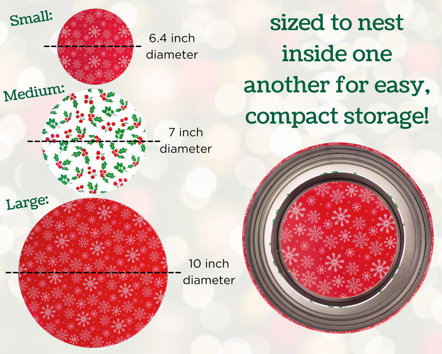 Steel Mill & Co Tin Containers with Lids, 3 Pack Christmas Cookie Tins, Festive Cookie Tins for Gift Giving & Holiday Treats, Round Metal Nesting Containers, Large Medium Small, Snowflake & Holly
