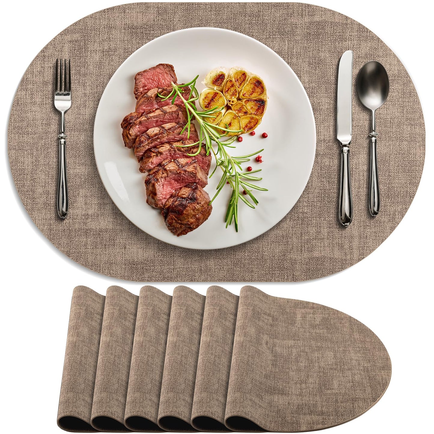 BARTHKIT Placemats Set of 6 Non Slip, Heat Resistant Oval Faux Leather Place mats Double Layer, Waterproof Table Mats Easy to Clean for Kitchen Dining Room Coffee Office Table, Apricot