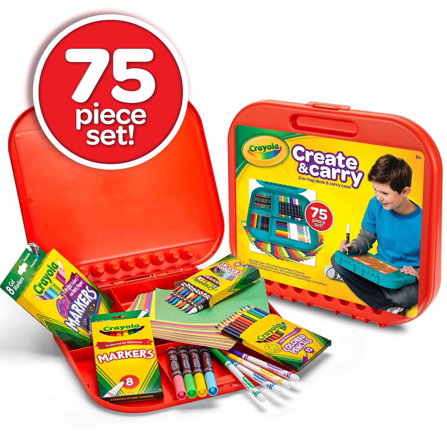 Crayola Create 'N Carry Travel Art Set for Kids (75pcs), 2-in-1 Lap Desk & Carrying Case, Essential Easter Basket Stuffers, Art Supplies Kit, Spring Crafting, Gift for Kids