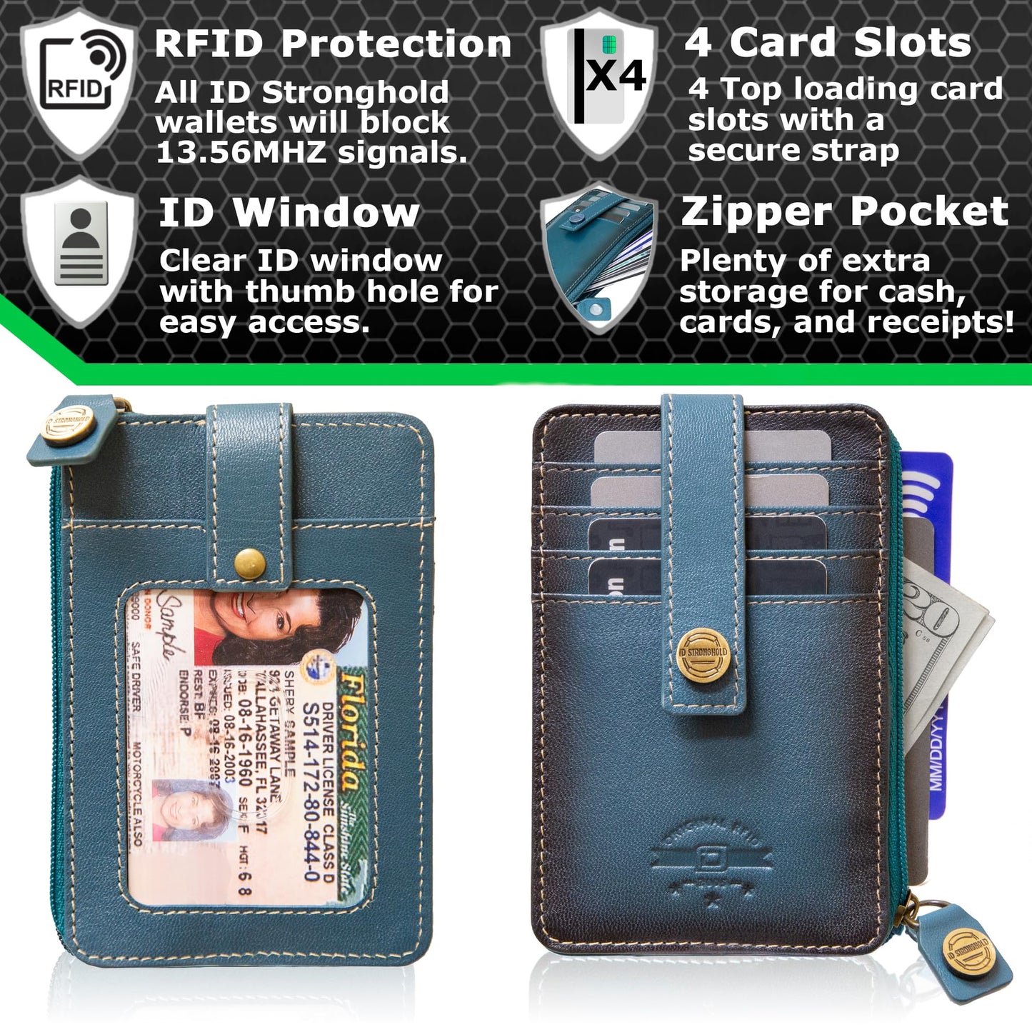 ID Stronghold RFID Blocking Front Pocket Wallet – Slim Minimalist Genuine Leather Wallet with Zipper Coin Pocket (Mega Blue)