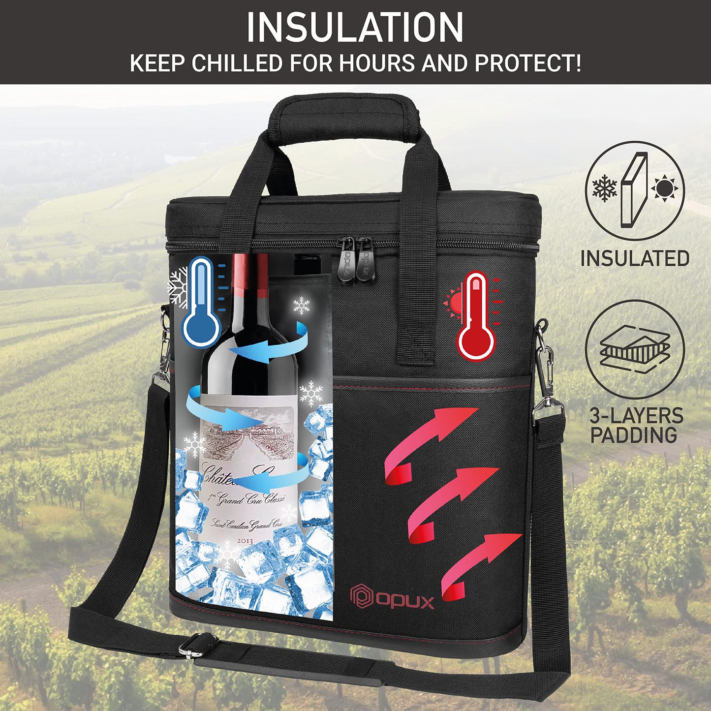 opux 3 Bottle Wine Carrier Tote, Insulated Leakproof Wine Cooler Bag, Wine Travel Bag Tote for Picnic BYOB Beach, Portable Wine Bottle Carrying Case, Gift for Wine Lover Women Men Christmas, Black