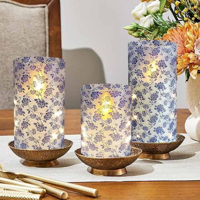 Flickering Flameless Candles Vintage Blue Floral Print, Embedded Star String Lights, Battery Operated Acrylic LED Pillar Candles with 11-Key Remote and Timer for Home Decoration, 3 Pack