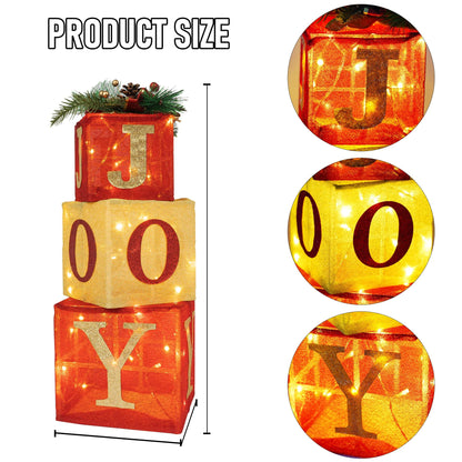 Hourleey Set of 3 Christmas Lighted Gift Boxes, Pre-lit 60 LED Light Up Joy Present Boxes Ornament Decorations for Indoor Outdoor Xmas Tree Home Yard Lawn Decor