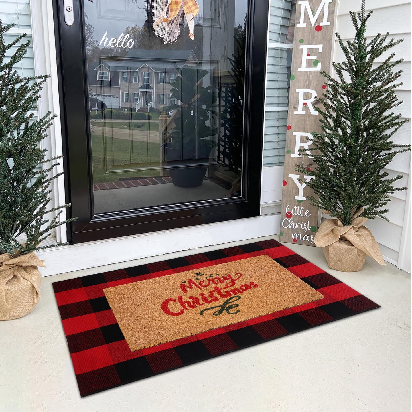 Christmas Door Mat Combo Set - 100% Coco Coir Welcome Mat + 28 x 43 Inch Red and Black Plaid Rug, New Year Holiday Christmas Collection Doormat for Front Porch Entryway Decor