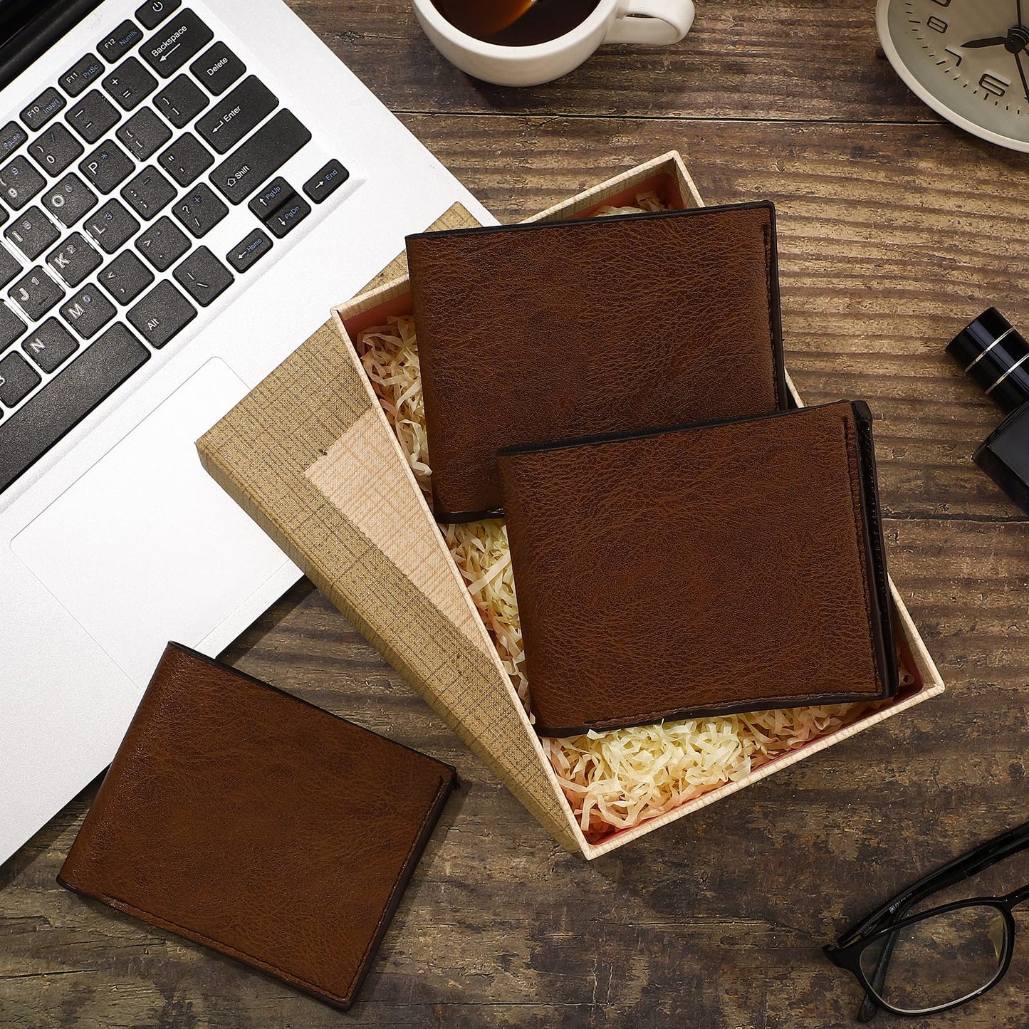 Paterr 12 Pieces Leather Wallet for Men DIY Bifold Wallet Engrave Inspirational Father Day Gift for Christmas Men Husband Son(Light Brown)