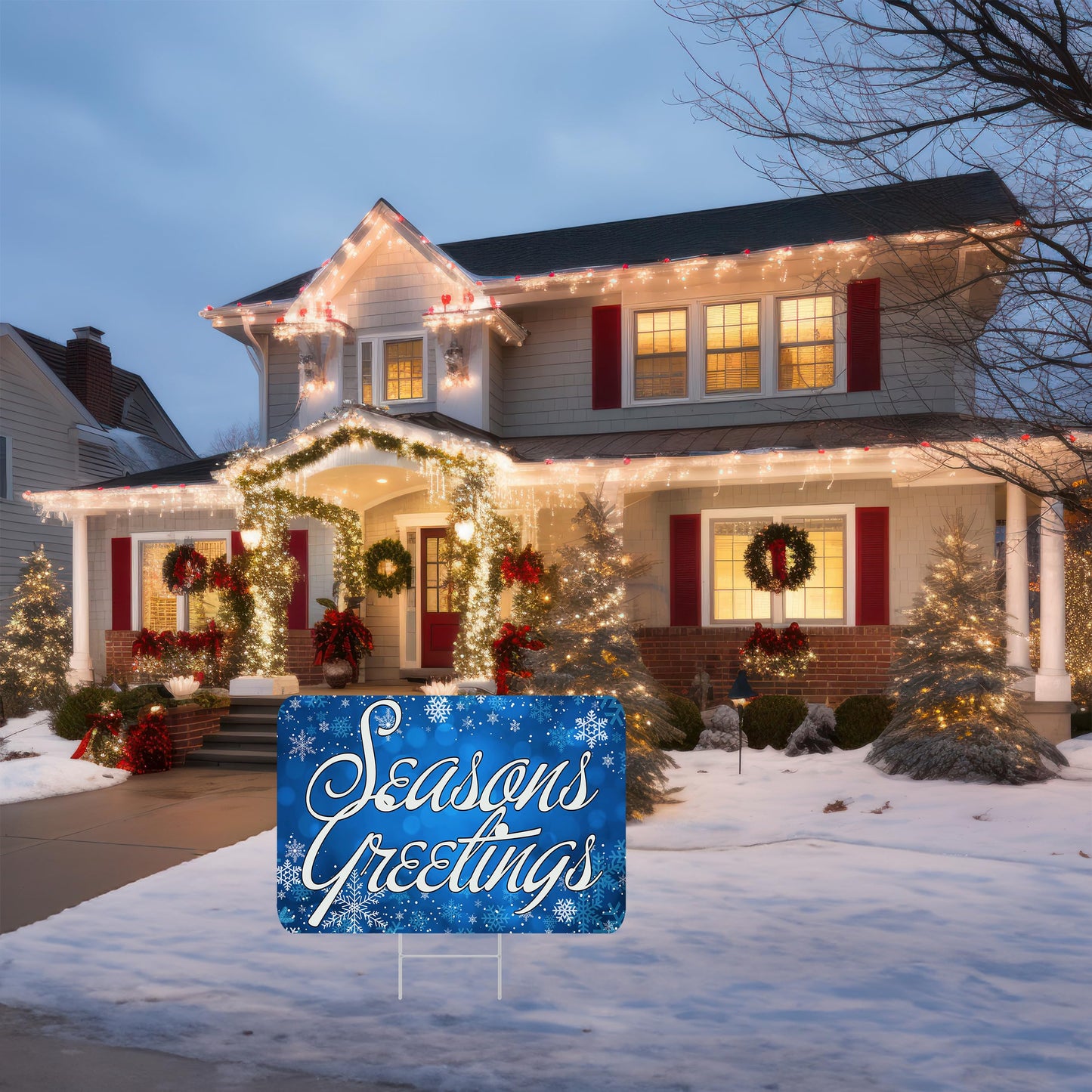 Seasons Greetings Blue Christmas Classic Yard Sign for Home Decor and Lawn Decoration With Stakes, Merry Christmas Sign 17x13 Inch