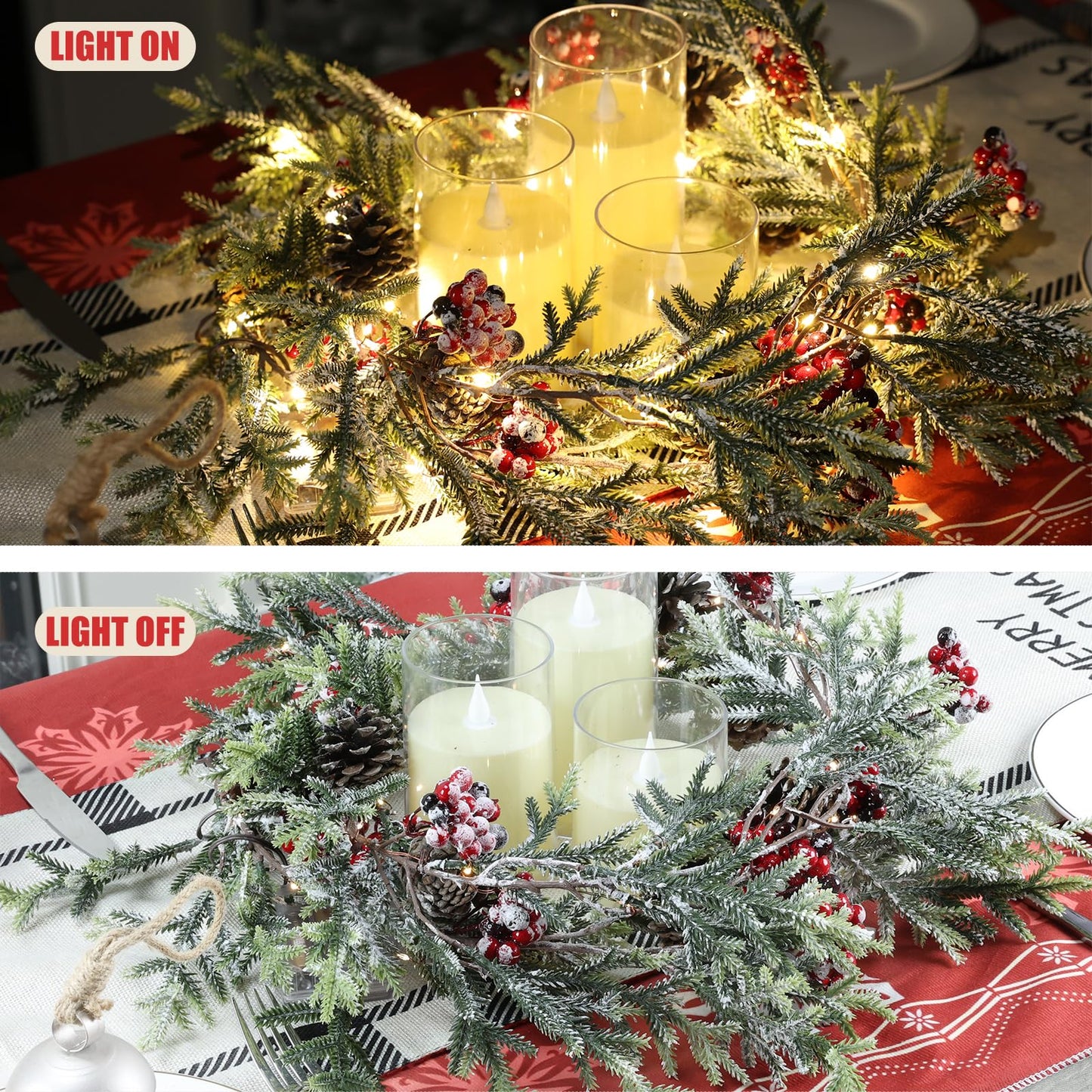 OZFHUA 6 FT Christmas Garland with Lights - Pre-Lit Artificial Christmas Garland, Flocked Garland with Red Berries Pine Cones for Decoration, Mantle Stairs Railing Home Xmas Decoration Indoor